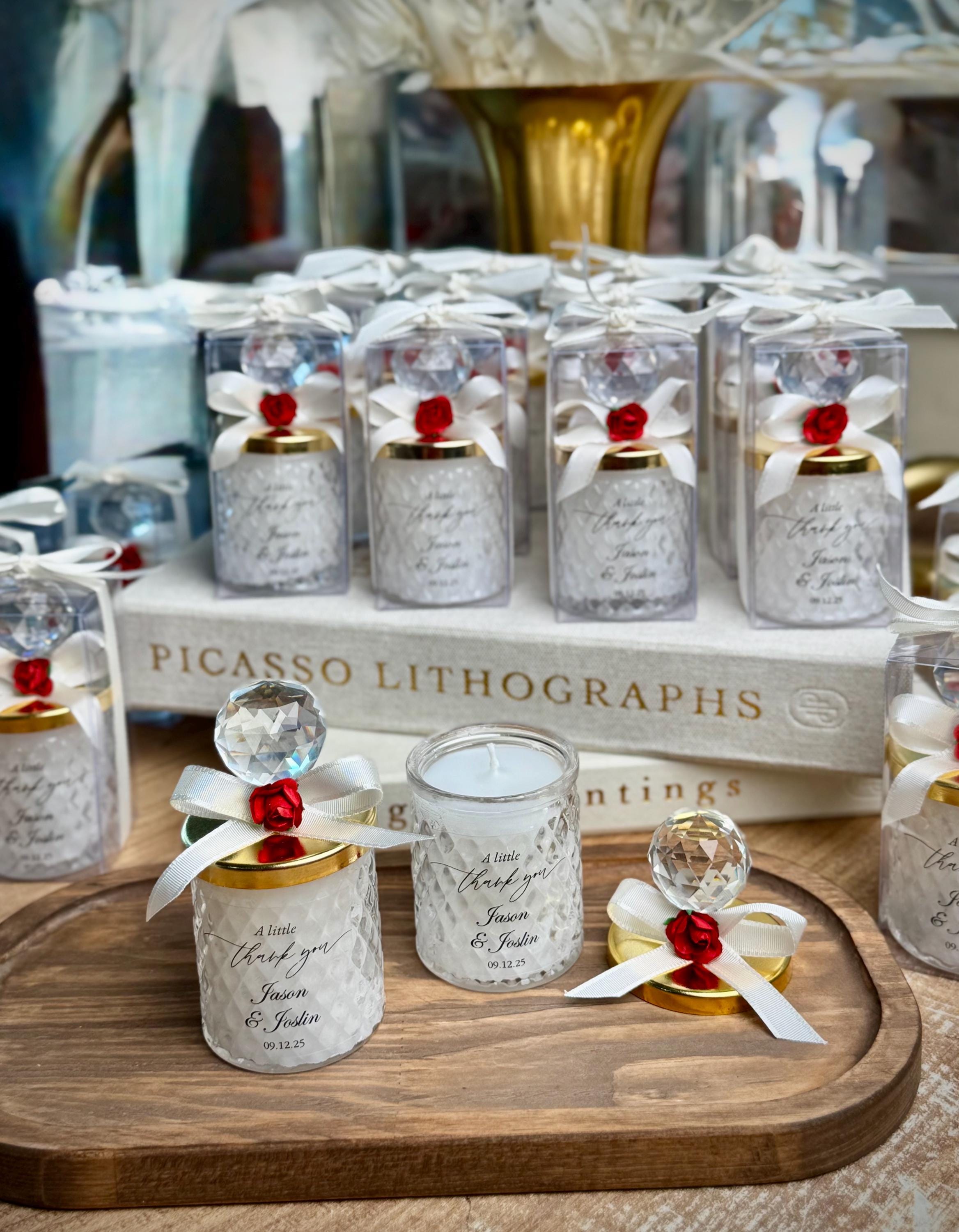 Personalized Wedding Candle Favors: Crystal Lid, Satin Ribbon & Rose - Etsy