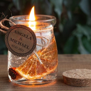 Personalized Handmade Candle Favors with Dried Orange and Cinnamon, Wedding Party Thank you Candle for Guests, Elegant Candle in glass