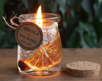 Personalized Handmade Candle Favors with Dried Orange and Cinnamon, Wedding Party Thank you Candle for Guests, Elegant Candle in glass