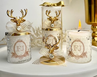 Personalized Gold Deer Wedding Favor Candle: Elegant Monogrammed Guest Gift