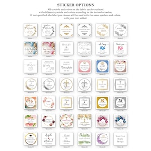 K&ouml;nnte beinhalten: Ein Raster mit 42 Aufkleberdesigns f&uuml;r verschiedene Anl&auml;sse. Die Aufkleber zeigen verschiedene Farben, Muster und Texte, darunter Namen, Daten und Botschaften. Einige Aufkleber haben Blumenmuster, w&auml;hrend andere geometrische Muster oder religi&ouml;se Symbole haben.
