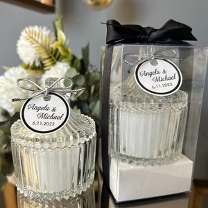Personalized Wedding Candle Favors: Elegant Glass Candle, Ribbon Detail ...