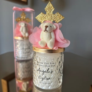 PERSONALIZED TEDDY BEAR Lid Candle Favors . Wedding Candle Favors for Guests in Bulk . Elegant Baptism Candle in Glass . Baby Shower Gift