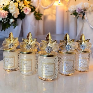 Custom Wedding Favors Candle with Gold Leaf Lid. Glass Candle Gift Favors for Guest. Engagement Party Candle. Classy Elite Party Favor