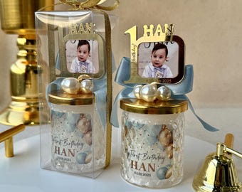Personalized First Birthday Candle Favors, Photo Frame Lid, Elegant Keepsake
