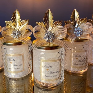 Custom Wedding Favors Candle with Gold Leaf Lid. Glass Candle Gift Favors for Guest. Engagement Party Candle. Classy Elite Party Favor