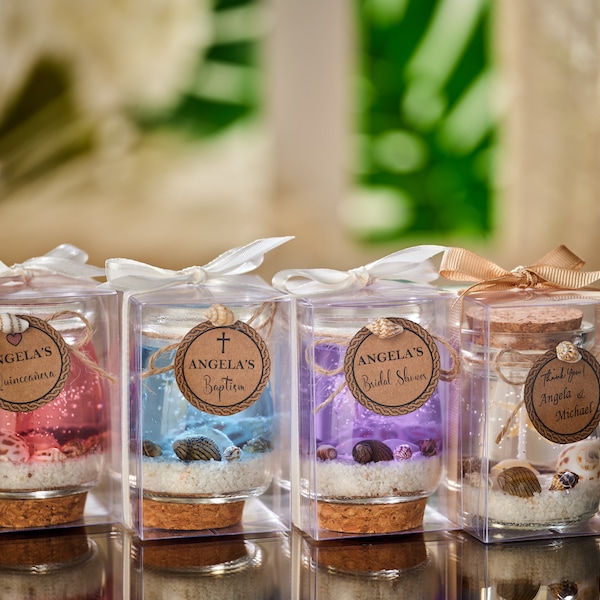 Personalized Sea Shell Gel Candle Favor | Baby Blue, Purple, Pink Gel Candle Favors | Beach Wedding Candle Favors | Bridal Shower Favors
