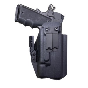 May include: A black polymer holster with a black metal clip for a handgun. The holster has a textured surface and a small lever on the side.