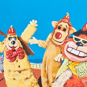 May include: Four costumed characters, two yellow, one brown, and one red, stand on a boardwalk in front of a building with the word "ICES" on the side. The characters are wearing hats and have large, cartoonish faces.