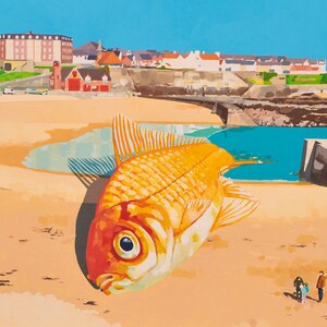May include: A painting of a giant orange goldfish on a sandy beach, with a blue sea and buildings in the background. Two figures stand near the fish. The artwork has a bright, sunny colour palette.