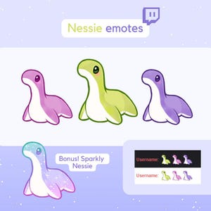 Può includere: Tre emoji di Nessie in stile cartone animato in viola, verde e blu. Gli emoji sono in uno stile cartone animato carino. Il testo "Nessie emotes" è nella parte superiore dell'immagine. Il testo "Bonus! Sparkly Nessie" è sotto gli emoji. Il testo "Username" è sotto il testo "Bonus! Sparkly Nessie".
