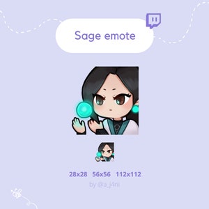 Puede incluir: Una ilustración digital de un personaje femenino con cabello negro largo, vistiendo un atuendo blanco y azul, sosteniendo un orbe azul brillante en sus manos. La imagen es un emote de Twitch con el texto "Sage emote" y las dimensiones "28x28 56x56 112x112" y el texto "by @a_j4ni".