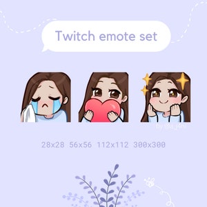 Brown Hair, Brown eyes girl Sad Crying Heart Love Hug Wow Pog Sparkle cute sweet kawaii basic anime style generic emote Twitch Emote Set
