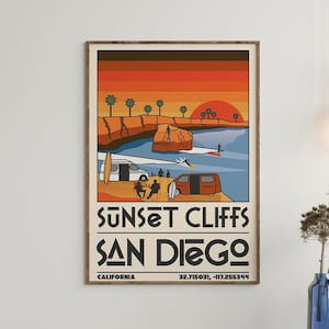 San Diego Illustration PRINTABLE ART Sunset Cliff National Park Beach California Travel Poster Vivid Retro Landscape Wall Art