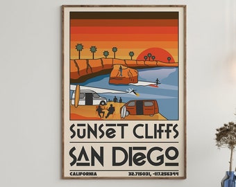 San Diego Illustration PRINTABLE ART Sunset Cliff National Park Beach California Travel Poster Vivid Retro Landscape Wall Art