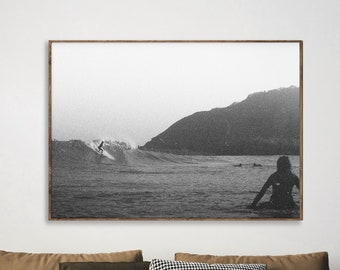 Retro Surf Photography PRINTABLE ART Black and White Monochrome Seascape Beach Nautical Poster Surfing Surfboard Wall Art Surfer Girl Gift