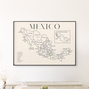 Mapa de México ARTE IMPRIMIBLE Distrito Político Ciudades Mapa Norteamérica Mínimo Cartel Moderno Viaje Recuerdo Pared Arte Oficina Decoración