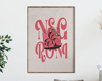 Negroni Poster, Bar Decor, Retro Cocktail Print, Vintage Negroni Print, Kitchen Wall Art, Cocktail Poster