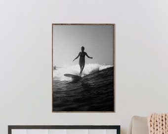 Black and White Surf Print, Surfer Gift, Surf Photography, Surf Girl Print, Vintage Surf Photo, Longboard Surf