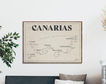 Carte vintage des Canaries, carte des îles Canaries, cadeau de voyage, impression des îles Canaries, Tenerife, Grande Canarie
