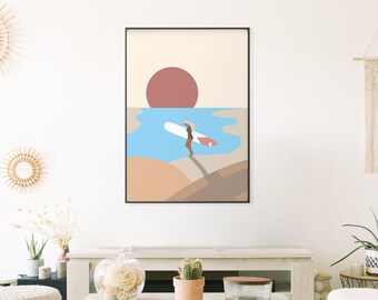 Abstract Surf Print, Surf Illustration Poster, Woman Surf Art, Minimal Beach Print, Beach Surf Print