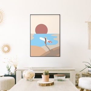 Abstract Surf Print, Surf Illustration Poster, Woman Surf Art, Minimal Beach Print, Beach Surf Print