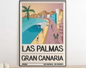Seascape Illustration PRINTABLE ART Las Palmas Gran Canaria Canary Islands Beach Ocean Surfing Retro Travel Poster Cityscape