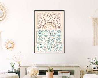 Stampa sole e mare, stampa astratti di onde retrò moderne, illustrazione moderna della metà del secolo, boho decor