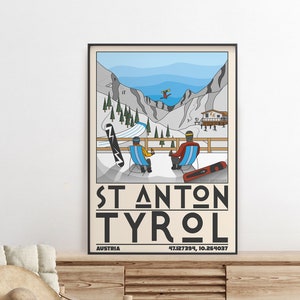 POSTER DI VIAGGIO AUSTRIA - Arte della parete delle Alpi, Poster di viaggio retrò, Stampa della stazione sciistica, Stampa di St Anton, Arte della parete digitale, Stampa di snowboard, Arte della parete