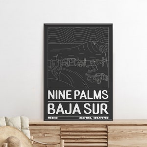 PALMS TRAVEL POSTER - Cartel de viaje de Nine Palms Baja Surf, cartel de pared vintage, cartel de viaje de México, arte de pared digital, regalo de decoración de arte de pared