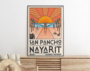 San Pancho Illustration PRINTABLE ART Nayarit Mexico Exotic Seascape Travel Poster Retro Vivid Vibrant Trendy Wall Art Wanderlust