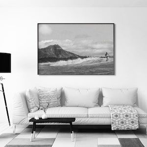 Black and white photography, surfing diamond head photo, waikiki print, surf oahu printable wall art, vintage hawaiian art