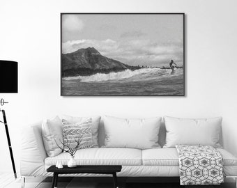 Black and white photography, surfing diamond head photo, waikiki print, surf oahu printable wall art, vintage hawaiian art