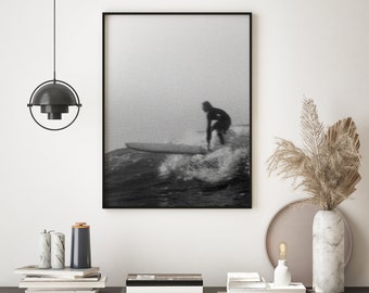 Black and White Surfing Prints, Vintage Surf Poster, Longboard Surfing Photography, Ocean Print, Beach Decor