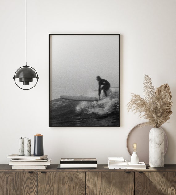 Black and White Surfing Prints, Vintage Surf Poster, Longboard Surfing Photography, Ocean Print, Beach Decor