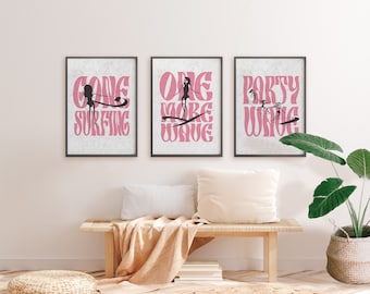Set of Three Retro Surf Prints, Surf girl Poster, Surf Gallery Wall Set, Beach Print Set of Three, Surfing Wall Art