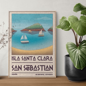 Póster de viaje de Isla Santa Clara SAN SEBASTIAN Regalo de viaje a España Impresión del País Vasco Arte de pared viajero