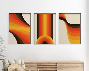 Set di arte moderna retrò di 3 stampe, set da parete della galleria di stampa astratta degli anni '70, set stampabile scandinavo di 3, arte murale moderna della metà del secolo