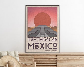 MEXIKO TRAVEL POSTER - Teotihuacan Wandkunst, Teotihuacan Wanddruck, mexikanisches Reiseplakat, benutzerdefiniertes Reiseplakat, aztekischer Druck für Wanddekor