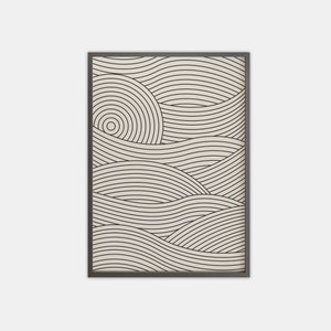 Pu&ograve; includere: Una stampa incorniciata con uno sfondo beige e un design astratto in bianco e nero di linee ondulate sovrapposte.