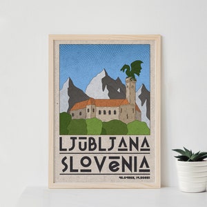 STAMPA DI VIAGGIO PERSONALIZZATA - Poster di viaggio retrò di Lubiana Slovenia, arte della parete retrò, stampa di poster della Slovenia, arte della parete stampabile, regalo di decorazione dell&#39;arte della parete