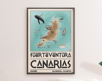 Fuerteventura Canarias Spain Travel Map, Fuerteventura Custom Map Gift, Canary Islands Print, Illustrated Map Downloads