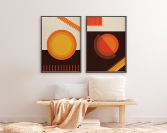 Set di 2 stampe astratte, arte scaricabile, arte retrò anni '70, stampe retrò groovy, set di stampe astratte moderne, stampe sole e luna