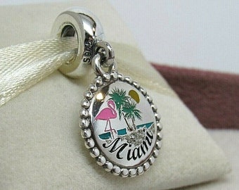 Pandora, Bracelet Charms, Beads, Clips, Dangles, / New / s925 Sterling Silver MIAMI BEACH Flamingo Sun Destination Charm / Threaded / Stamp