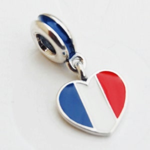 Pandora, Bracelet Charms, Beads, Clips, Dangles / New / s925 Sterling Silver I LOVE FRANCE Heart Flag Bead / Threaded / Stamp