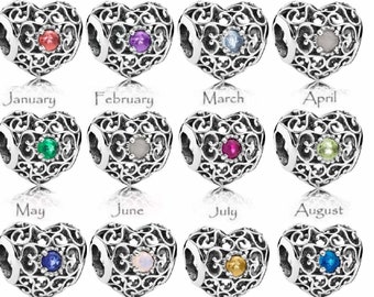 Pandora, Bracelet Charms, Beads, Clips, Dangles / New / SIGNATURE HEART Openwork s925 Sterling Silver Birthstone Charm Beads / Stamp