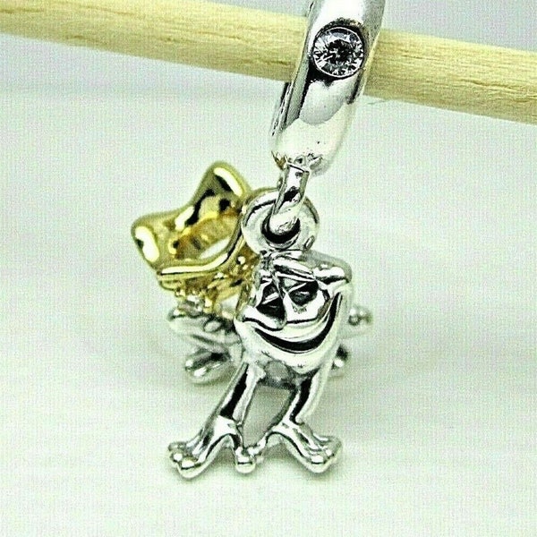 Pandora, Bracelet Charms, Beads, /New/ s925 Sterling Silver, Metallic Gold Disney Princess Tiana Frog Prince Dangle Charm / Threaded / Stamp