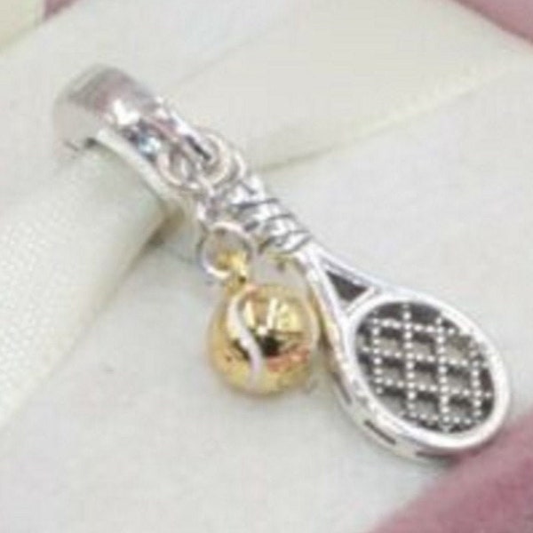 Pandora, Bracelet Charms, Beads, Clips, Dangles / New / s925 Sterling Silver Tennis Racket & Gold Tennis Ball Dangle Charm / Threaded /Stamp