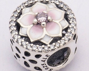 Pandora, Bracelet charms, Beads, Clips, Dangles / New / Sterling Silver S925 Magnolia Bloom Pale Cerise Enamel Pink CZ / Stamp