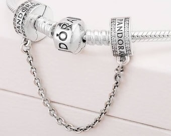 Pandora, Bracelet Charms, Beads, Clips, Safety chain / New / s925 Sterling Silver / Logo Safety Chain Clip Charm / Stamped